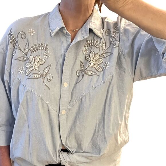 Vtg 80s Blue Button Down Pearl Floral Embellished Chambray Oversized Shirt 1X - Picture 7 of 16